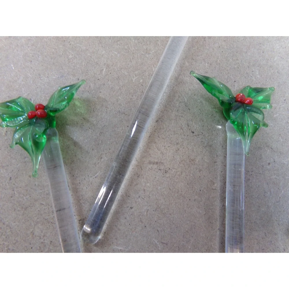 Vintage Christmas Glass Swizzle / Stir Sticks Reindeer Trees Holly & Angel